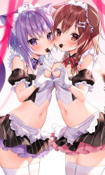 Rule 34 | 2girls, ahoge, animal ear fluff, animal ears, bare shoulders, black legwear, black skirt, blush, bone hair ornament, bow, bowtie, braid, breasts, brown eyes, brown hair, candy, cat ears, cat girl, cat tail, cheek-to-cheek, chocolate, chocolate heart, cleavage, closed mouth, cowboy shot, crop top, detached sleeves, dog ears, dog girl, dog tail, food, frills, futaba miwa, gloves, hair ornament, heads together, heart, heart hands, heart hands duo, hololive, inugami korone, layered skirt, long hair, looking at viewer, maid headdress, medium breasts, mouth hold, multiple girls, navel, nekomata okayu, puffy short sleeves, puffy sleeves, purple bow, purple bowtie, purple eyes, purple hair, red bow, red bowtie, short hair, short sleeves, signature, simple background, skindentation, skirt, smile, stomach, striped clothes, striped skirt, tail, thighhighs, twin braids, vertical-striped clothes, vertical-striped skirt, virtual youtuber, white background, white gloves, zettai ryouiki