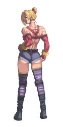 Rule 34 | 1boy, absurdres, androgynous, ass, baka guruo, bare shoulders, blonde hair, bloody roar, blue eyes, boots, detached sleeves, earrings, fingerless gloves, fox (bloody roar), from behind, full body, gloves, grin, hair bun, hans taubemann, highres, iggler, jewelry, knee pads, looking at viewer, looking back, male focus, muscular, shiny skin, short shorts, shorts, single hair bun, smile, smirk, solo, thigh boots, thighhighs, transparent background, white background