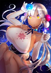 Rule 34 | 1girl, bad id, bad pixiv id, bare shoulders, blonde hair, breasts, choker, collarbone, commentary request, dark-skinned female, dark skin, earth (planet), elbow gloves, gloves, hair bobbles, hair ornament, highres, hololive, hololive english, huge breasts, looking at object, nidaime (doronbo), planet, planet hair ornament, smile, solo, tsukumo sana, tsukumo sana (1st costume), twintails, virtual youtuber, white gloves, yellow eyes