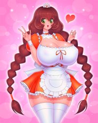 Rule 34 | 1girl, akiranime, braid, breasts, brown hair, cleavage, curvy, frilled skirt, frills, green eyes, heart, high heels, huge breasts, long hair, maid, maid headdress, nonohara marin, open mouth, pink background, skirt, smile, solo, soreyuke marin-chan, standing, thick thighs, thighhighs, thighs, tongue, twin braids, white thighhighs, wristband