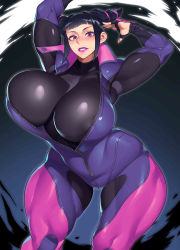 Rule 34 | 1girl, absurdres, armpits, arms up, black hair, blunt bangs, blush, bodystocking, bodysuit, bodysuit under clothes, bouncing breasts, breasts, buttons, capcom, clothing cutout, collarbone, covered erect nipples, cowboy shot, crotch zipper, drill hair, dynamic pose, elbow pads, fingerless gloves, gloves, grin, hairband, half gloves, han juri, hidarikiki, high collar, highres, hip bones, huge breasts, legs apart, lipstick, looking at viewer, makeup, muscular, muscular female, nipple slip, nipples, open bodysuit, open clothes, open hand, open mouth, partially unzipped, puffy areolae, puffy nipples, purple eyes, purple lips, shiny clothes, sidelocks, skin tight, skindentation, sleeveless, smile, standing, street fighter, street fighter v, teeth, thick thighs, thigh cutout, thighs, twin drills, unaligned breasts, wide hips, zipper