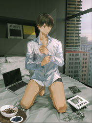 Rule 34 | 1boy, bare legs, barefoot, bedroom, black male underwear, blueberry, book, bottle, bowl, brown hair, building, cereal, city, closed mouth, collared shirt, commentary, computer, dress shirt, earbuds, earphones, english commentary, food, fruit, full body, highres, indoors, ishida (segu ishida), kneeling, laptop, long sleeves, male focus, male underwear, no pants, on bed, original, perfume bottle, pillow, shirt, short hair, solo, spoon, underwear, white shirt, window