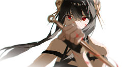 Rule 34 | 1girl, absurdres, bare shoulders, black dress, black gloves, black hair, blood, blood on hands, blurry, blurry foreground, dagger, dress, earrings, fighting stance, fingerless gloves, flower, gloves, gold earrings, gold hairband, hair between eyes, hair flower, hair ornament, hairband, highres, holding, holding weapon, jewelry, knife, looking at viewer, red eyes, sidelocks, solo, spy x family, stiletto (weapon), upper body, weapon, white background, xiaojiaju, yor briar