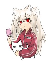 Rule 34 | 1girl, :&lt;, @ @, alternate costume, animal, animal ears, blush, cat, cat ears, cat girl, closed mouth, commentary request, cropped torso, crossover, food, glasses, holding, holding animal, holding cat, holding food, holding popsicle, jacket, long hair, long sleeves, looking at viewer, magari (c0rn3r), nora cat, nora cat channel, popsicle, scp-040-jp, scp foundation, simple background, solo, track jacket, two side up, upper body, virtual youtuber, white background, white hair, zipper