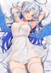 Rule 34 | 1girl, armpits, arms behind head, arms up, arpeggio kaga, blue eyes, blush, breasts, cleavage, covered erect nipples, demon girl, demon tail, dress, facial mark, forehead mark, grey hair, hair ornament, halo, heterochromia, highres, large breasts, lying, original, parted lips, pointy ears, red eyes, see-through clothes, see-through dress, solo, tail, thighhighs, white dress, white thighhighs