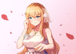 Rule 34 | 1girl, bare shoulders, blonde hair, blue eyes, blush, braid, breasts, bridal veil, cleavage, closed mouth, collarbone, dress, floral background, french braid, girls&#039; frontline, hand in own hair, jewelry, long hair, looking at viewer, medium breasts, mosin-nagant (girls&#039; frontline), necklace, petals, pink background, ring, smile, solo, solokitsune, upper body, veil, wedding dress, wedding ring
