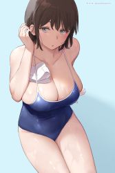 Rule 34 | 1girl, black hair, blue background, blue one-piece swimsuit, breasts, cleavage, commentary request, copyright request, grey eyes, highres, large breasts, mochi (mochi444420), one-piece swimsuit, short hair, simple background, solo, swimsuit, thighs, wet
