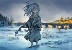 Rule 34 | 1girl, architecture, barefoot, bridge, commentary, east asian architecture, footprints, highres, medium hair, messy hair, original, scenery, sky-art, snow, solo, torn clothes, traditional media, white hair, yellow eyes