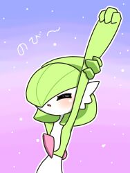 Rule 34 | 1girl, arms up, blush, bob cut, closed eyes, colored skin, creatures (company), female focus, flat chest, game freak, gardevoir, gen 3 pokemon, gradient background, green hair, green skin, hair over one eye, highres, holding own arm, japanese text, multicolored skin, nintendo, one eye covered, open mouth, outline, pink background, pokemon, pokemon (creature), purple background, short hair, simple background, sleepy, solo, standing, star (symbol), stretching, translation request, two-tone background, two-tone skin, upper body, white outline, white skin, yawning, yuri (fl0werspace)