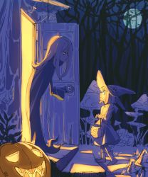 Rule 34 | 2girls, artist request, bare tree, basket, dark, dress, eye contact, forest, full moon, halloween, halloween costume, hat, height difference, highres, house, jack-o&#039;-lantern, kagari atsuko, light, little witch academia, long hair, looking at another, moon, multiple girls, mushroom, nature, night, night sky, open door, pumpkin, red eyes, shadow, short hair, silk, sky, source request, spider web, sucy manbavaran, sweatdrop, tree, trick or treat, wide sleeves, witch, witch, witch hat