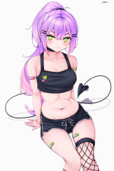 Rule 34 | 1girl, :o, alternate costume, alternate hairstyle, asymmetrical legwear, bandaid, bandaid on arm, bandaid on leg, bare shoulders, black choker, black shorts, black tank top, choker, collarbone, crop top, demon tail, deokchun, dolphin shorts, green eyes, hair ornament, hairclip, heart stickers, high ponytail, highres, hololive, kneeling, long hair, looking at viewer, navel, navel piercing, parted lips, piercing, ponytail, purple hair, short shorts, shorts, sidelocks, simple background, single fishnet legwear, sitting, socks, solo, sticker, stomach, tail, tail ornament, tail piercing, tank top, tokoyami towa, virtual youtuber, wariza, white background, white socks