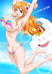 Rule 34 | 1boy, 1girl, 2024, artist logo, artist name, ass, barefoot, bikini, blue sky, bouncing breasts, breasts, brown eyes, curvy, day, english text, hat, highres, jumping, large breasts, long hair, nami (one piece), one piece, open mouth, orange couture, orange hair, panties, ponytail, rider (orange couture), shiny skin, sky, smile, swimsuit, text focus, thong, thong bikini, translation request, underwear, water, wide hips, zeus (one piece)