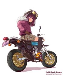 1girl black_thighhighs blush brown_eyes dated fur-trimmed_jacket fur_trim gloves goggles goggles_on_headwear helmet highres honda jacket jagi_(jagi_souken) license_plate looking_at_viewer medium_hair motor_vehicle motorcycle motorcycle_helmet plaid_clothes plaid_skirt pleated_skirt purple_hair purple_jacket shadow shoes simple_background skirt sneakers solo thighhighs toki_ayano white_background yurucamp