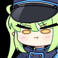Rule 34 | 1girl, :t, acomu414, animated, animated gif, armband, bad source, black hat, black jacket, blue archive, blue armband, buttons, chibi, commentary, double-breasted, green hair, hat, jacket, long hair, long sleeves, lowres, nozomi (blue archive), peaked cap, pout, puff of air, simple background, solo, symbol-only commentary, transparent background, twintails, upper body, v-shaped eyebrows, yellow eyes