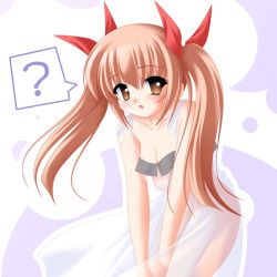 Rule 34 | 1girl, ?, bare shoulders, blush, bow, brown eyes, brown hair, ribbon, see-through, solo, spoken question mark, twintails