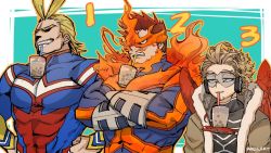 Rule 34 | abs, all might, beard, blonde hair, boku no hero academia, brown eyes, bursting pectorals, coat, crossed arms, cup, drink, drinking straw, facial hair, feathered wings, feathers, fire, fur collar, goggles, goggles on eyes, hand on own hip, hawks (boku no hero academia), headphones, kadeart, large pectorals, long sleeves, looking away, male focus, multicolored hair, multiple boys, muscular, mustache, pectorals, red hair, red wings, simple background, skin tight, smile, spiked hair, teeth, endeavor (boku no hero academia), two-tone hair, wings, winter clothes, winter coat