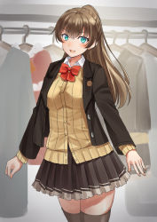 Rule 34 | 1girl, aqua eyes, blazer, bow, bowtie, brown hair, brown jacket, brown skirt, brown thighhighs, cardigan, clothes, clothes hanger, collared shirt, highres, jacket, kantai collection, kumano (kancolle), kumano kai ni (kancolle), long hair, mayura (lucadia), pleated skirt, ponytail, red bow, red bowtie, school uniform, shirt, skirt, solo, thighhighs