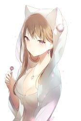 Rule 34 | 1girl, animal ears, animal hood, bad id, bad pixiv id, breasts, brown hair, candy, cat ears, cleavage, earrings, food, hair over breasts, holding candy, holding lollipop, hood, jewelry, lollipop, long hair, lpip, medium breasts, necklace, original, purple eyes, shirt, simple background, solo, upper body, white background
