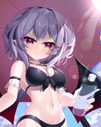 Rule 34 | 1girl, :t, absurdres, bat wings, bikini, black bikini, blue sky, bottle, breasts, cleavage, closed mouth, cloud, commentary request, grey hair, hair intakes, highres, holding, holding bottle, large breasts, light particles, looking at viewer, navel, outdoors, pointy ears, red eyes, remilia scarlet, s vileblood, short hair, sky, solo, swimsuit, touhou, umbrella, upper body, wings
