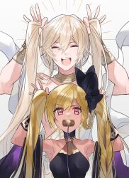 Rule 34 | 1boy, 1girl, ^ ^, ancient greek clothes, bare shoulders, black dress, blonde hair, blush, bracer, braid, breasts, chiton, choker, closed eyes, closed mouth, dress, granblue fantasy, greco-roman clothes, hagoromo, helel ben sahar (granblue fantasy), helel ben shalem, highres, holding, holding own hair, light brown hair, long hair, lucio (granblue fantasy), medium breasts, open mouth, pacifier, red eyes, shawl, sleeveless, sleeveless dress, upper body, v-shaped eyebrows, very long hair, yakota (usuk-yako)