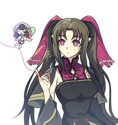 Rule 34 | 1girl, 8t if, absurdly long hair, animal ears, aquaplus, breasts, bright pupils, closed mouth, collarbone, dress, hair ribbon, highres, long hair, long sleeves, long twintails, medium breasts, mole, mole under eye, nekone (utawarerumono), off shoulder, parted bangs, raised eyebrows, red eyes, ribbon, sidelocks, sleeveless, solo, twintails, upper body, utawarerumono, utawarerumono: itsuwari no kamen, utawarerumono: lost flag, very long hair, white pupils, wide-eyed, wide sleeves