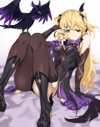 Rule 34 | 1girl, ass, bare shoulders, bird, black gloves, black thighhighs, blonde hair, bodystocking, bow, breasts, crow, elbow gloves, eyepatch, fischl (genshin impact), garter straps, genshin impact, gloves, green eyes, hair over one eye, highres, knees up, legs, long hair, looking at viewer, medium breasts, oz (genshin impact), pretty-purin720, purple bow, purple neckwear, single leg pantyhose, single thighhigh, sitting, solo, thighhighs, two side up