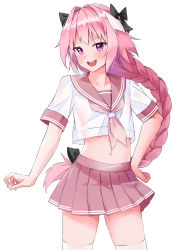 Rule 34 | 1boy, absurdres, astolfo (fate), astolfo (sailor paladin) (fate), black bow, blush, bow, braid, collarbone, crop top, fate/apocrypha, fate/grand order, fate (series), hair between eyes, hair intakes, highres, long braid, long hair, looking at viewer, male focus, mojomaru, multicolored hair, neckerchief, official alternate costume, open mouth, pink hair, pink neckerchief, pink sailor collar, pink skirt, pleated skirt, purple eyes, sailor collar, school uniform, serafuku, shirt, short sleeves, simple background, single braid, skirt, smile, streaked hair, thighhighs, thighs, trap, white background, white hair, white shirt