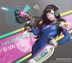 Rule 34 | 1girl, ;), bodysuit, brown eyes, brown hair, character name, copyright name, d.va (overwatch), facial mark, finger on trigger, gloves, gun, hand on own hip, handgun, headphones, heart, highres, lips, long hair, looking at viewer, one eye closed, open mouth, overwatch, overwatch 1, pilot suit, robot ears, smile, solo, turtleneck, watermark, weapon, web address, whisker markings, wonst92, zoom layer