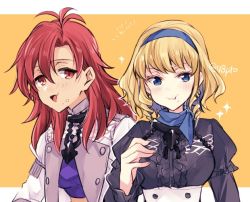 Rule 34 | 2girls, blonde hair, blue eyes, blue hairband, closed mouth, constance von nuvelle, earrings, eating, female focus, fire emblem, fire emblem: three houses, food, food on face, garreg mach monastery uniform, hairband, hapi (fire emblem), jewelry, long sleeves, matching hair/eyes, multicolored hair, multiple girls, naho (pi988y), nintendo, open mouth, orange background, purple hair, red eyes, red hair, short hair, simple background, twitter username, uniform, upper body
