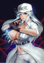 Rule 34 | 10s, 1girl, artist name, baseball cap, belt, black gloves, blue eyes, breast pocket, breasts, cabbie hat, center opening, cleavage, closed mouth, combat knife, easonx, fingerless gloves, gloves, hat, hataraku saibou, hataraku saibou black, holding, holding knife, jacket, knife, large breasts, long hair, looking at viewer, nail polish, navel, no bra, pants, pink nails, pocket, reverse grip, solo, u-0001, u-1196, unbuttoned, uniform, weapon, white blood cell (hataraku saibou), white hair, white jacket, white pants