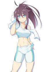 Rule 34 | 1girl, adjusting clothes, bike shorts, blue eyes, contrapposto, covered erect nipples, imura (shiro maru), long hair, looking up, navel, original, ponytail, purple hair, shiro maru, solo, sports bra, sportswear, standing, stomach, sweat, towel, towel around neck