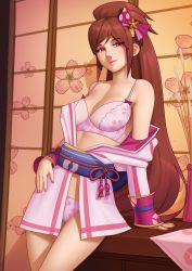 Rule 34 | 1girl, absurdres, blush, bra, breasts, cleavage, deilan12, eyelashes, floral print, flower, hair ribbon, hand on own hip, highres, japanese clothes, kimono, legs, lingerie, lipstick, long hair, looking at viewer, makeup, nail polish, oichi, oichi (sengoku musou), open clothes, open kimono, panties, pink bra, pink nails, pink panties, pokemon, pokemon conquest, ponytail, red eyes, red hair, red ribbon, ribbon, sengoku musou, smile, solo focus, thighs, underwear, very long hair