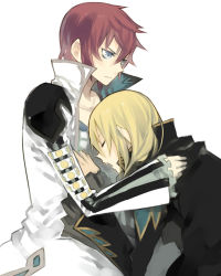 Rule 34 | 2boys, asbel lhant, bad id, bad pixiv id, blonde hair, blue eyes, brown hair, cape, closed eyes, male focus, multiple boys, richard (tales), simple background, tales of (series), tales of graces, white background, zenmai