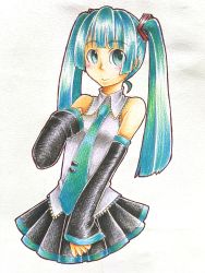 Rule 34 | 1girl, alternate hairstyle, aqua eyes, aqua hair, bare shoulders, blunt bangs, colored pencil (medium), detached sleeves, gradient background, hatsune miku, highres, hime cut, long hair, necktie, skirt, solo, traditional media, tsun musume, twintails, vocaloid