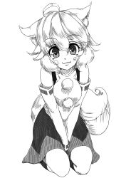 Rule 34 | 1girl, :3, absurdres, ahoge, animal ears, blush stickers, breasts, detached sleeves, greyscale, highres, inubashiri momiji, looking at viewer, monochrome, pom pom (clothes), ribbon-trimmed sleeves, ribbon trim, shinomiya naka, short hair, simple background, sitting, solo, tail, tail wagging, touhou, v arms, white background, wolf ears, wolf tail