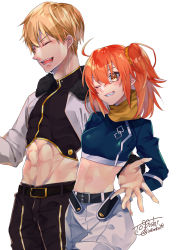 Rule 34 | 1boy, 1girl, abs, ahoge, arm behind back, belt, black belt, black shirt, blonde hair, blue shirt, blush, bracelet, breasts, brown pants, brown scarf, closed eyes, commentary request, cowboy shot, crop top, cropped jacket, fang, fate/grand order, fate (series), fujimaru ritsuka (female), fujimaru ritsuka (female) (true ether chaldea uniform), fur-trimmed jacket, fur-trimmed sleeves, fur trim, gilgamesh (fate), grin, groin, hair ornament, hair scrunchie, height difference, highres, jacket, jewelry, medium breasts, midriff, navel, official alternate costume, one eye closed, one side up, open mouth, orange eyes, orange hair, orange scrunchie, pants, scarf, scrunchie, shirt, short hair, side ponytail, sidelocks, signature, simple background, smile, togashi (choco-bakama kitchen), toned, true ether chaldea uniform, twitter username, white background, white jacket, white pants