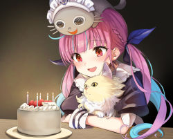 Rule 34 | 1girl, animal, animal on head, birthday cake, blue hair, bow, braid, cake, candle, cat, cat on head, colored inner hair, commentary request, food, french braid, fruit, hair bow, happy birthday, holding, holding animal, holding cat, hololive, indoors, komugi (minato aqua), looking ahead, minato aqua, minato aqua (1st costume), multicolored hair, neko (minato aqua), night, on head, open mouth, pink hair, red eyes, sitting, smile, solo, strawberry, streaked hair, summer tail720, table, twintails, two-tone hair, virtual youtuber, wooden table, wrist cuffs
