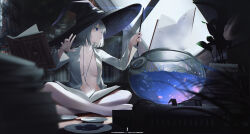 Rule 34 | 1girl, absurdres, anachronism, barefoot, blue eyes, blurry, blurry foreground, book, breasts, cellphone, closed mouth, commentary, earphones, floating, floating book, floating object, full body, hat, highres, holding, holding wand, igawa hikaru, indian style, long sleeves, medium breasts, naked shirt, open clothes, open shirt, original, phone, plant, portable stove, shirt, short hair, sitting, smartphone, solo, sparkle, wand, white hair, white shirt, witch, witch hat