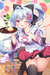 Rule 34 | 1girl, ;d, ahoge, apron, balloon, black bow, black thighhighs, blue hair, bow, braid, brown footwear, commentary request, food, frilled apron, frilled skirt, frills, hair bow, hair intakes, high ponytail, holding, holding tray, indoors, japanese clothes, kimono, long hair, one eye closed, open mouth, original, piyodera mucha, pleated skirt, ponytail, print kimono, purple eyes, purple kimono, red bow, red skirt, short sleeves, skirt, smile, solo, standing, standing on one leg, thighhighs, tray, very long hair, white apron, wide sleeves