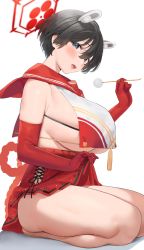 Rule 34 | 1girl, animal ears, black hair, blue archive, blue eyes, blush, breasts, clothes lift, gloves, hair between eyes, hair ornament, halo, highres, huge breasts, large breasts, looking at viewer, nekoshoko, open mouth, short hair, sideboob, simple background, sitting, skirt, skirt lift, solo, thighs, tsubaki (blue archive), underboob, wariza, white background