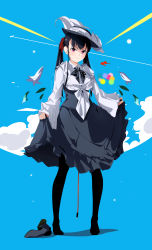 Rule 34 | 1girl, audio jack, bad id, bad pixiv id, black hair, black pantyhose, blue background, bow, bowtie, clothes lift, cloud, dress, dress lift, fish, flower, frills, full body, hat, high heels, highres, leaf, long sleeves, looking at viewer, nekonamentai, original, pantyhose, red eyes, shoes, solo, standing, twintails, underbust, unworn shoes, wide sleeves