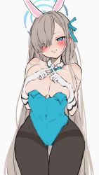 Rule 34 | 1girl, animal ears, asuna (blue archive), asuna (bunny) (blue archive), black pantyhose, blue archive, blue bow, blue bowtie, blue eyes, blue leotard, blue ribbon, blush, bow, bowtie, breasts, chigasaki yukari, cleavage, commentary request, detached collar, elbow gloves, fake animal ears, gloves, grey hair, grin, hair over one eye, hair ribbon, halo, highres, large breasts, leotard, long hair, pantyhose, playboy bunny, rabbit ears, ribbon, simple background, smile, solo, very long hair, white background, white gloves