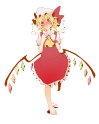 Rule 34 | 1girl, ascot, bacho, barefoot, blood, blush, embodiment of scarlet devil, fang, feet, female focus, flandre scarlet, full body, hat, heavy breathing, red eyes, side ponytail, simple background, slit pupils, solo, touhou, wings