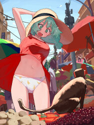 Rule 34 | 1boy, 1girl, @ @, absurdres, accidental exposure, animal, aqua hair, banana print, blush, city, clothes lift, day, dress, dress lift, food, fruit, grapes, hat, highres, monkey, navel, open mouth, original, outdoors, panties, parasol, power lines, red dress, sleeveless, solo focus, some1else45, straw hat, sun hat, sundress, umbrella, underwear, urban, white panties, wind, wind lift
