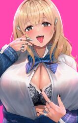 Rule 34 | 1girl, absurdres, black bra, black nails, blonde hair, blue bow, blue bowtie, blue cardigan, blush, bow, bowtie, bra, bra peek, breasts, brown eyes, cardigan, claw ring, cleavage, collarbone, collared shirt, commentary request, earrings, fujisaki subaru, goddess of victory: nikke, hair between eyes, hair ornament, hairclip, hand up, highres, huge breasts, jewelry, long hair, long sleeves, looking at viewer, multiple rings, off shoulder, open mouth, partially unbuttoned, pink background, ring, shirt, sidelocks, simple background, solo, standing, striped bow, striped bowtie, striped clothes, teeth, tia (nikke), tongue, tongue out, twitter username, underwear, upper body, upper teeth only, white shirt