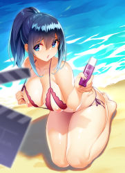 Rule 34 | 10s, 1girl, absurdres, alternate breast size, bare legs, barefoot, beach, blue eyes, blue hair, blurry, blurry foreground, blush, bra, breasts, bright pupils, cleavage, day, depth of field, fingernails, gridman universe, highres, large breasts, lingerie, medium hair, niccya, nippleless clothes, open mouth, outdoors, panties, pink bra, ponytail, seiza, side-tie panties, sidelocks, sitting, solo, ssss.gridman, string panties, takarada rikka, thighs, underwear, water