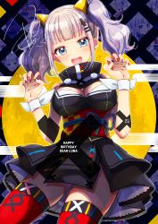 Rule 34 | 1girl, :d, absurdres, akowazaki, bare shoulders, black shirt, black skirt, blue eyes, breasts, claw pose, cleavage, commentary request, cowboy shot, hair ornament, hairclip, hands up, happy birthday, high collar, highres, kaguya luna, large breasts, long hair, looking at viewer, miniskirt, multicolored nails, nail polish, obi, open mouth, red thighhighs, ribbon, sash, shirt, sidelocks, signature, silver hair, skirt, sleeveless, sleeveless shirt, smile, solo, the moon studio, thighhighs, twintails, virtual youtuber, wrist ribbon, zettai ryouiki