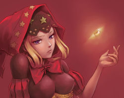 Rule 34 | 1girl, blonde hair, breasts, covered erect nipples, face, hood, impossible clothes, jewelry, large breasts, odin sphere, puff and slash sleeves, purple eyes, ring, skin tight, solo, toshi punk, velvet (odin sphere)