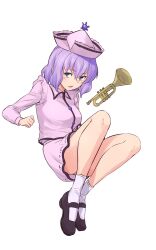 Rule 34 | 1girl, black footwear, commentary, frilled hat, frills, full body, hat, highres, instrument, kakone, looking at viewer, merlin prismriver, one-hour drawing challenge, open mouth, pink shirt, pink skirt, purple eyes, purple hair, shirt, simple background, skirt, socks, solo, touhou, trumpet, white background, white socks