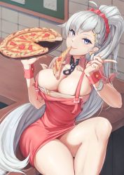 Rule 34 | 1girl, azur lane, belfast (azur lane), belfast (piping-hot perfection) (azur lane), blue eyes, braid, breasts, cleavage, commentary, dress, earrings, eyelashes, food, food in mouth, hair ornament, hair scrunchie, highres, holding, holding plate, jewelry, large breasts, long hair, looking at viewer, official alternate costume, pizza, pizza hut, plate, ponytail, red dress, red scrunchie, ropi (yyuichi29), scrunchie, side braid, silver hair, sitting, smile, solo, very long hair, waitress